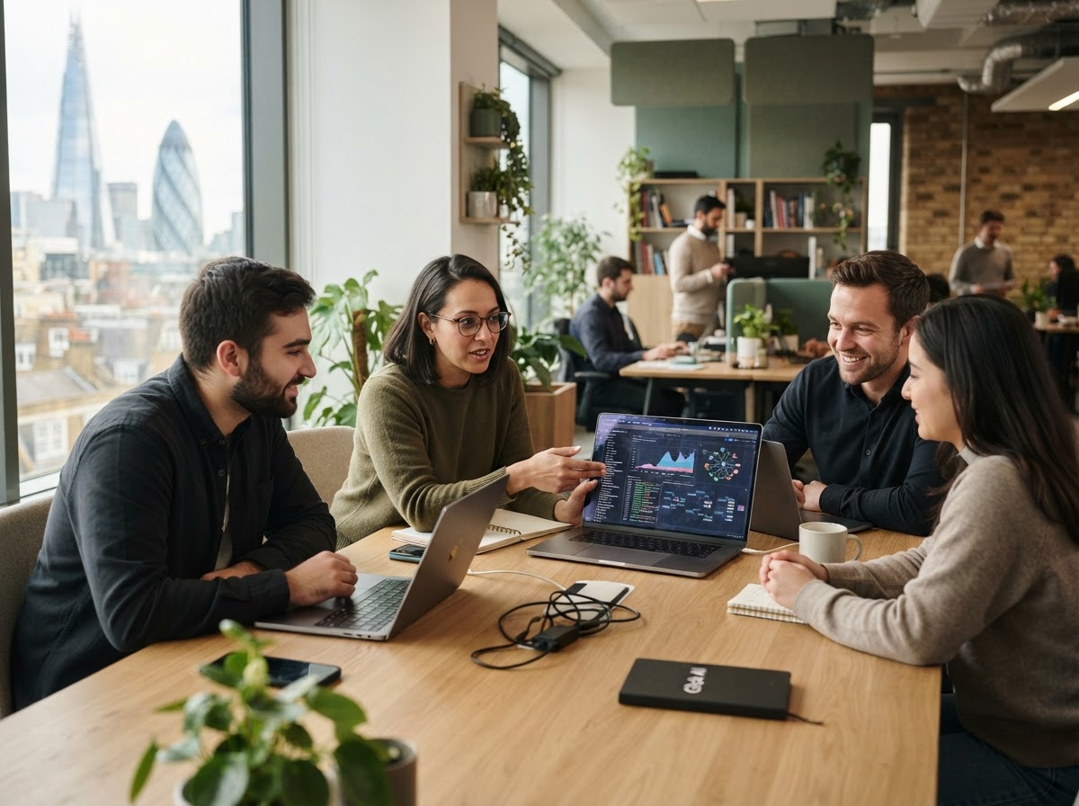 Glob AI team member reviewing portfolio data on a laptop